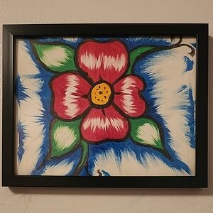 Framed Floral Wall Art - Red and Blue (Painted By A Hells Angel!)